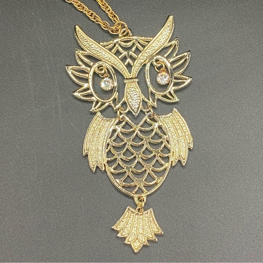 Large Owl Pendant Necklace on Gold Tone Rope Chain